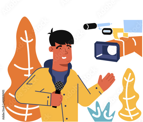 Vector illustration. Young attractive reporter at work. Camera. Beautiful background, stylish image.