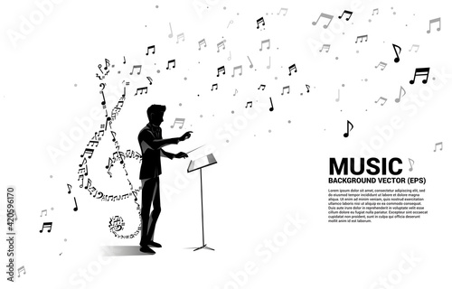 vector conductor and music melody note dancing flow . Concept background for song and concert theme.