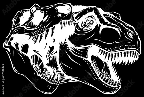 Tyrannosaurus rex skull fossil silhouette in black background vector illustration design