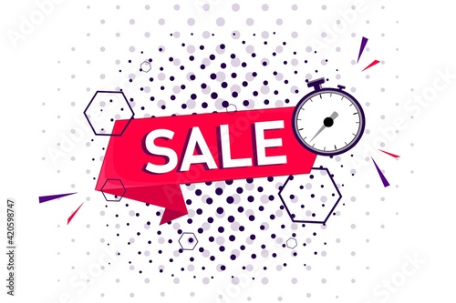 Vector banner. Sale, discounts, bargain, offer. Template, modern label for promotion. Advertising message, favorable price.Icon for retail business, customer acquisition. Sale of various goods.