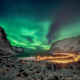 Northern lights glowing over arctic fjord