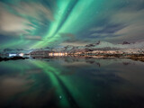 Northern lights on lofoten islands reflection
