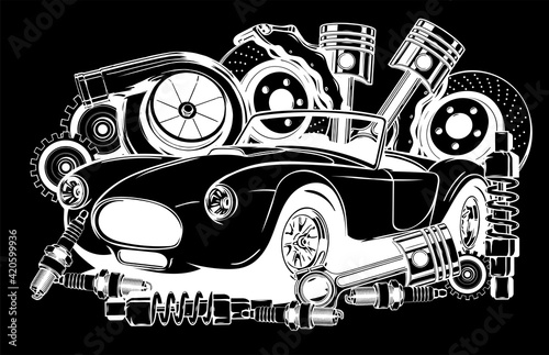 Vector illustration of Car Spares Frame and parts silhouette in black background
