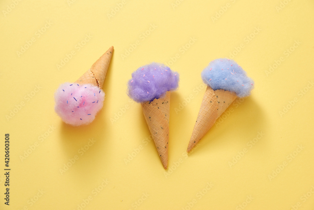 Sweet pink cotton candy in a waffle cone Sweet pink cotton candy in a waffle cone