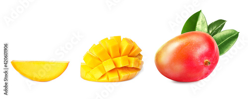 Fototapeta Naklejka Na Ścianę i Meble -  Set with sweet ripe mangoes on white background. Banner design