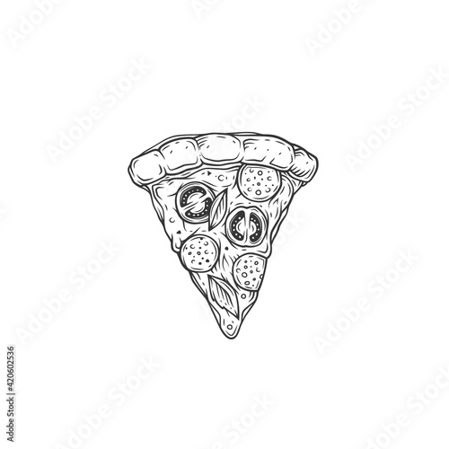 Original monochrome vector illustration of a slice of pizza with salami, cheese and tomatoes.