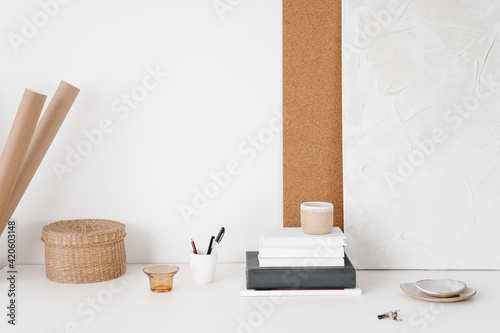 Stationery and decorations on desk photo