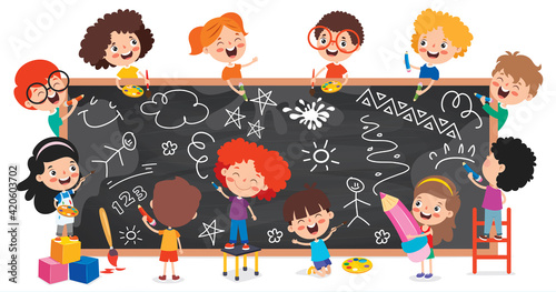 Funny Children With Empty Blackboard