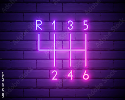driving gear controls outline icon in neon style. Elements of car repair illustration in neon style icon. Signs and symbols can be used for web, logo, mobile app, UI, UX isolated on brick wall.