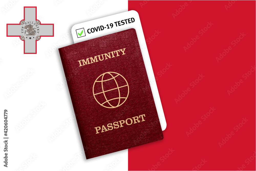 Immunity passport and test result for COVID-19 on flag of Malta