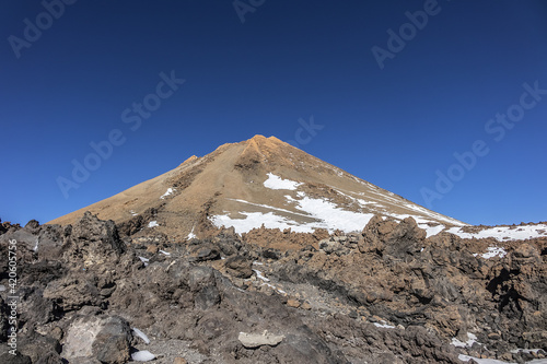 Beautiful view of Teide (Mount Teide) Volcano Mountain in Taide Park. Teide Peak is the highest point in Spain. Tenerife, Canary Islans, Spain.