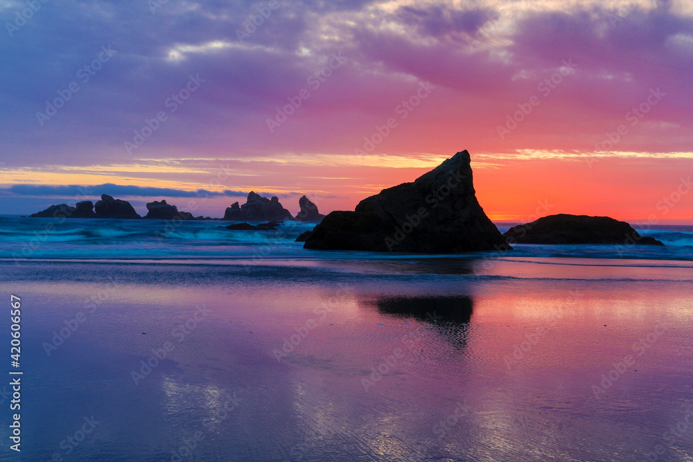 Sunset and sea stacks, Bandon, Oregon