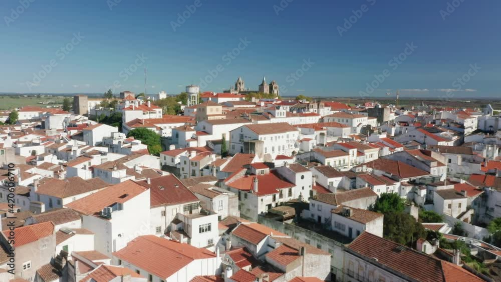 Alentejo, Portugal. Medieval Castelo de Vide as seen from above. Aerial vista of a jumble of red roofed, whitewashed houses. High quality 4k footage Alentejo, Portugal. Medieval Castelo de Vide as seen from above. Aerial vista of a jumble of red roofed, whitewashed houses. High quality 4k footage