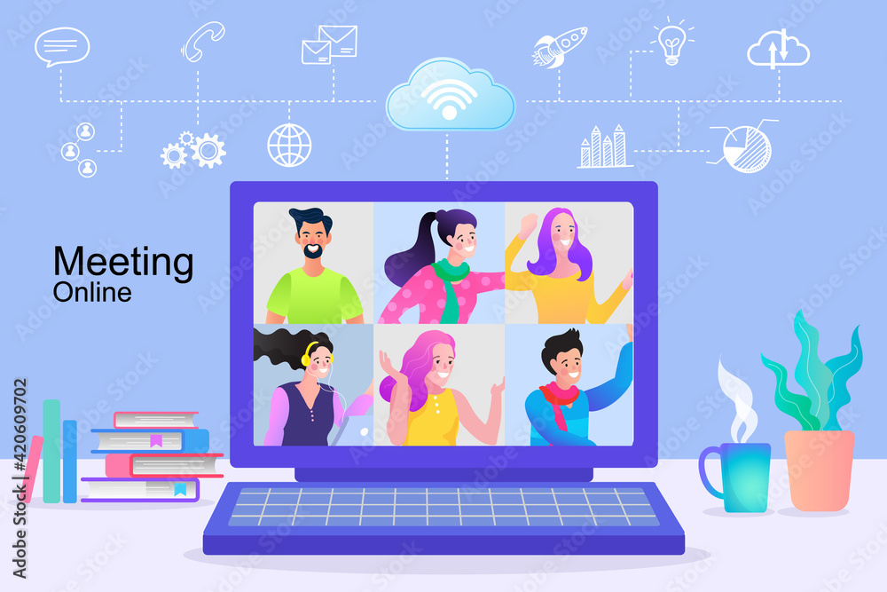 vector employee talk on video call on laptop with diverse colleagues. video conferencing at home woman having video call meeting with clients at home. vector employee talk on video call on laptop with diverse colleagues. video conferencing at home woman having video call meeting with clients at home.
