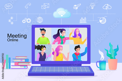 A virtual business conference takes place on a computer display with multiple attendees. This flat design illustration represents modern teamwork, online communication, and digital collaboration.