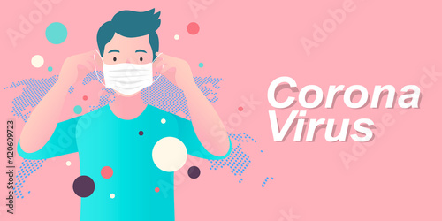 Man puts on a face mask. white stylish face mask during a pandemic virus crown. Face mask for protection against viruses and bacteria.