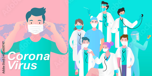 Man puts on a face mask. white stylish face mask during a pandemic virus crown. Face mask for protection against viruses and bacteria.