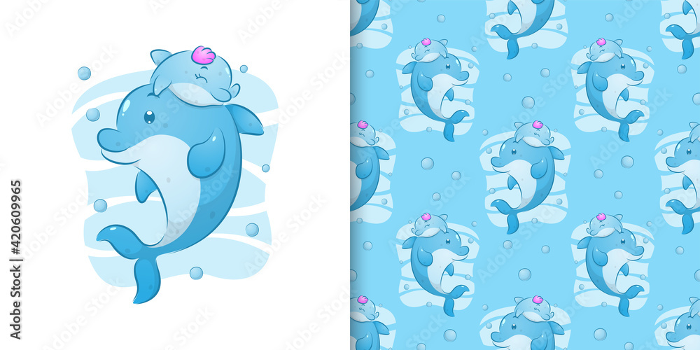 The pattern set of little dolphin swimming with her mother under the beautiful sea The pattern set of little dolphin swimming with her mother under the beautiful sea