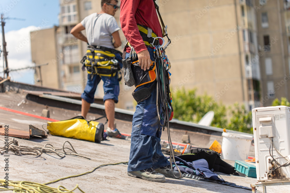 Working at elevations. Rope access, high-altitude outdoor work. Working at elevations. Rope access, high-altitude outdoor work.