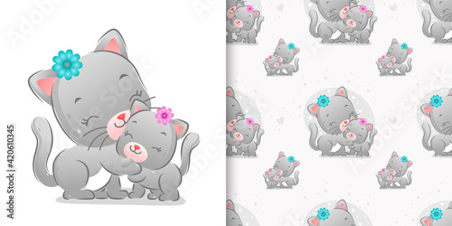 The seamless pattern of the coloured sibling cats using the little hair clip