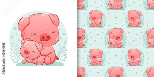 The seamless of the fat pig sitting with the baby pig the beautiful background
