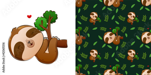 The seamless of the sloth sleeping and hanging on the branch of the tree