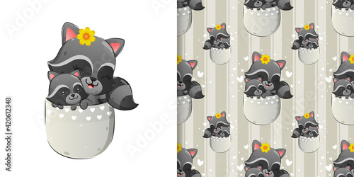 The seamless of happy raccoon is sitting inside the pocket with its baby
