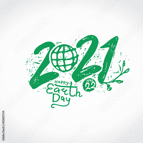 Happy Earth Day 2021. Green handwritten logo. April 22. Vector hand drawn template. photo