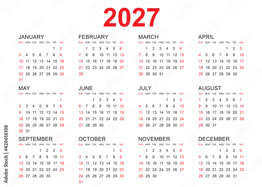 Calendar 2027 template vector, simple minimal design, Planner 2027 year, Wall calendar 2027 year, Week Starts Monday, Set of 12 calendar, advertisement, printing, stationery, organization and business Calendar 2027 template vector, simple minimal design, Planner 2027 year, Wall calendar 2027 year, Week Starts Monday, Set of 12 calendar, advertisement, printing, stationery, organization and business