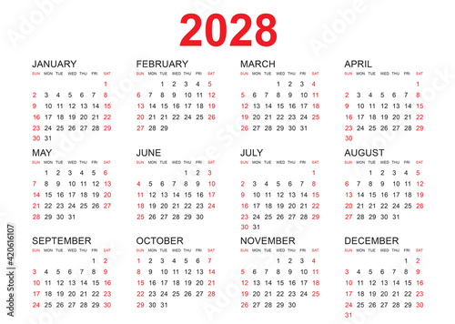 Calendar 2028 template vector, simple minimal design, Planner 2028 year, Wall calendar 2028 year, Week Starts Monday, Set of 12 calendar, advertisement, printing, stationery, organization and business