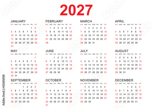 Calendar 2027 template vector, simple minimal design, Planner 2027 year, Wall calendar 2027 year, Week Starts Monday, Set of 12 calendar, advertisement, printing, stationery, organization and business