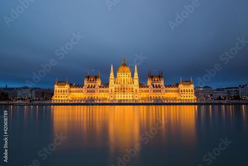 Hungarian Parliament evening lights.
