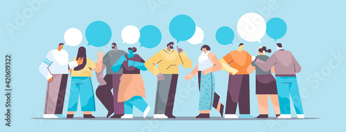 businesspeople group standing together business people discussing during meeting chat bubble communication