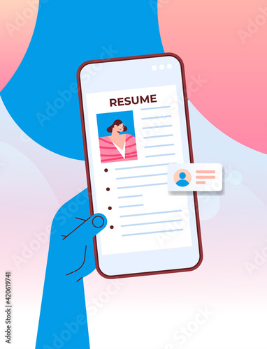 hr manager hand choosing cv portfolio job candidate resume on smartphone screen recruitment and hiring