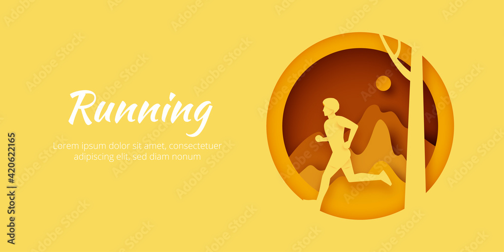 Man running in nature mountain landscape.Marathon or Trail running sport activity. Paper art vector illustration. Man running in nature mountain landscape.Marathon or Trail running sport activity. Paper art vector illustration.