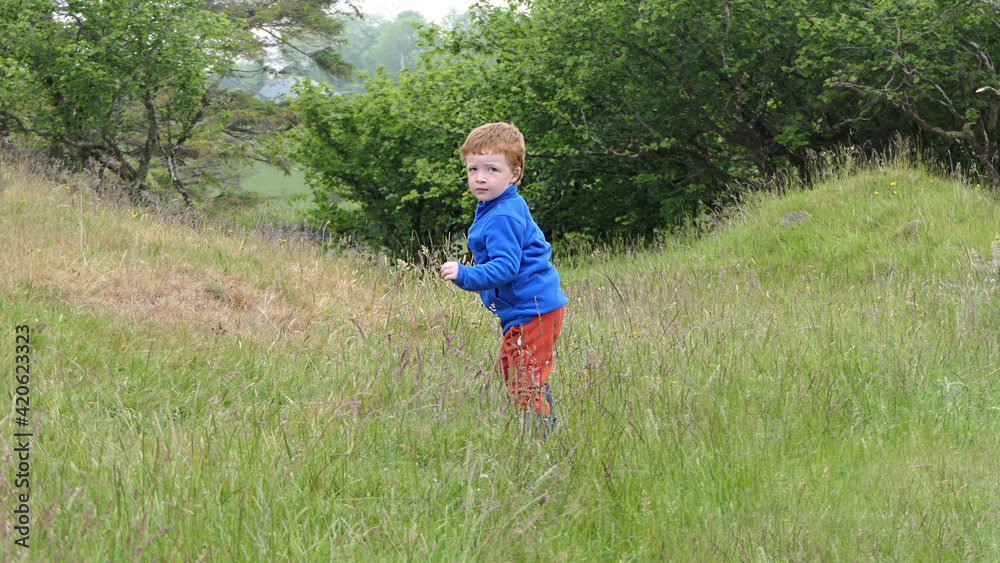 Small boy having fun playing in grass field Small boy having fun playing in grass field