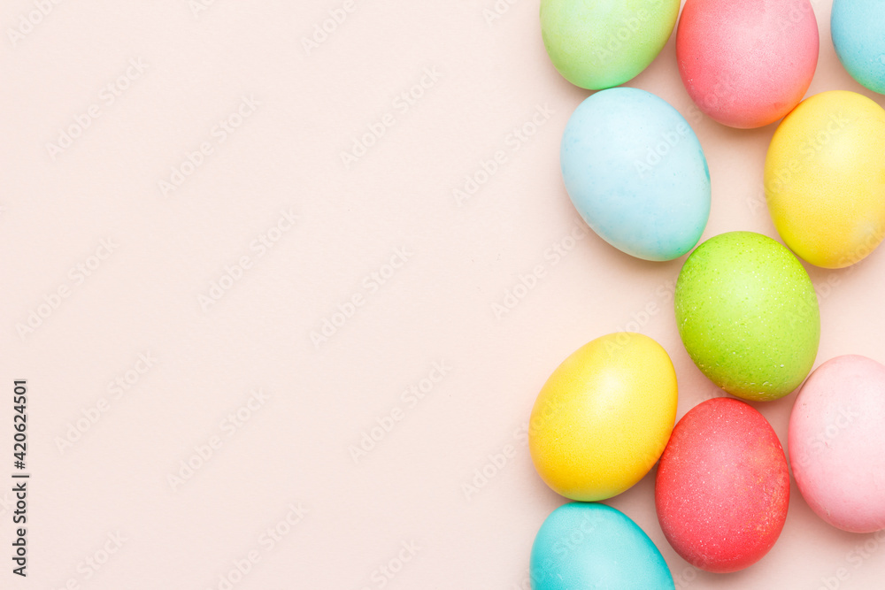 Happy Easter card with easter eggs in cream colors. Minimal easter concept with copy space for web banner. Copy space for text. Top view, flatlay.