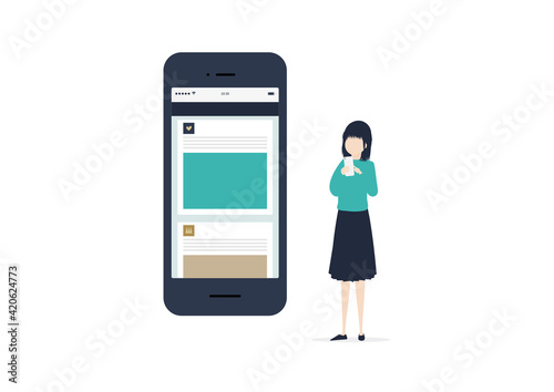 SNSを利用する若い女性のイラスト素材