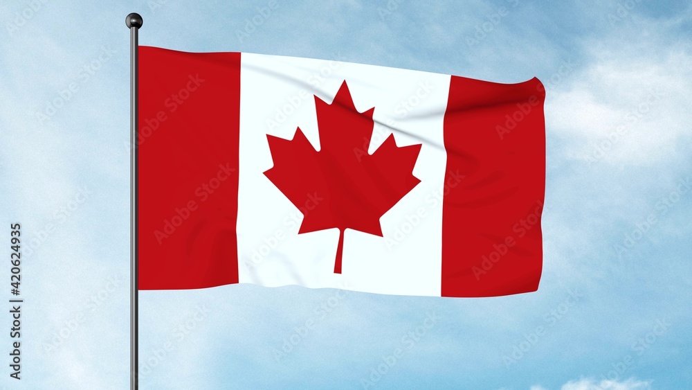 3D Illustration The National Flag of Canada, the Canadian flag, the Maple Leaf or l'Unifolié, consists of a red field with a white square at its centre in the ratio of 1:2:1, 3D Illustration The National Flag of Canada, the Canadian flag, the Maple Leaf or l'Unifolié, consists of a red field with a white square at its centre in the ratio of 1:2:1,