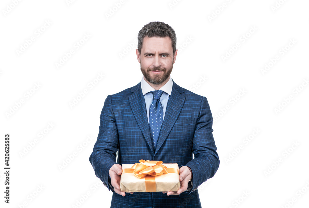 take it please. corporate present. womens day. successful ceo giving giftbox. handsome man take it please. corporate present. womens day. successful ceo giving giftbox. handsome man