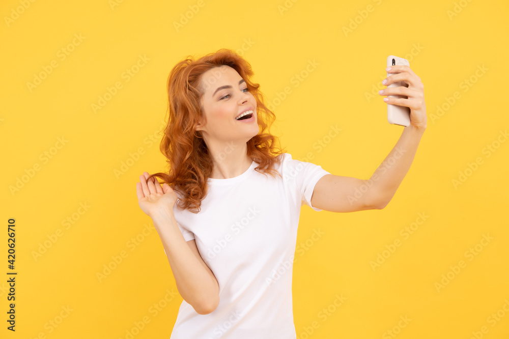Smile girl blogger. Happy woman take selfie with smartphone. Selfie queen