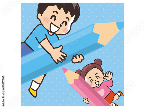 大きな色鉛筆を持っている子供