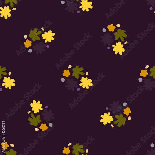 Dark tones seamless pattern with botanic contrast yellow and green flower buds. Purple background. © Lidok_L