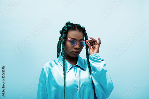 Black model fashion in blue color