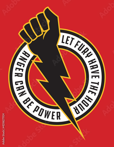 Raised fist lightning bolt anger protest badge.
Vector illustration shows clenched fist combined with lightning bolt for powerful symbol of anger and protest.