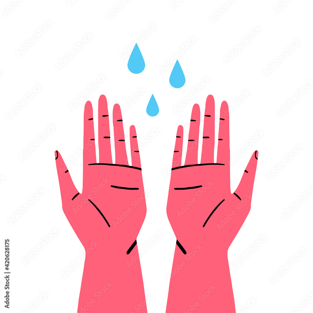 Two open hands with water drops isolated on white background. Wash your hands poster flat vector illustration.
Two open hands with water drops isolated on white background. Wash your hands poster flat vector illustration.