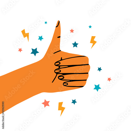 Like sign hand gesture isolated on white background. Thumbs up. Hand drawn flat colorful vector illustration. 