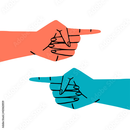 Two hands pointing in opposite directions isolated on white background. Concept of disagreement and argument. Hand drawn flat colorful vector illustration. 