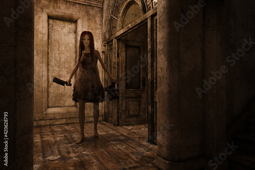 Scary girl with cleaver photo