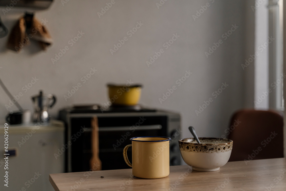 Breakfast on kitchen table in rustic home Breakfast on kitchen table in rustic home